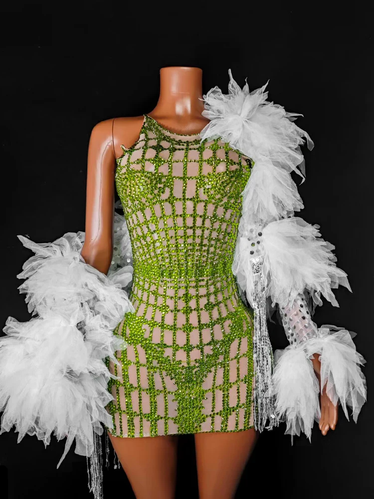 New Shiny Rhinestone Green Pink Short Dress 2Pcs Set Skirt Mini Dress Celebrity Party Birthday Prom Dance DJ Stage Show   Wear