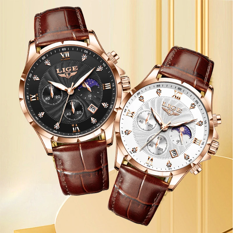 

2025 часы для пар, роскошные мужские часы LIGE, модные кварцевые мужские часы, деловые повседневные часы, кожаные водонепроницаемые наручные часы Reloj Hombre
