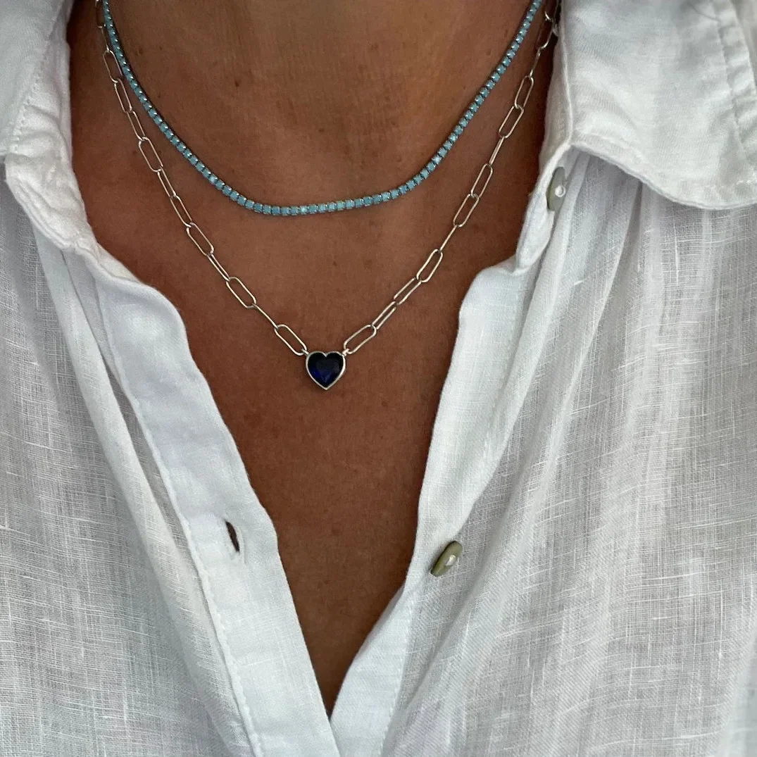 Exquisite 2mm Thin Tennis Choker Necklace, Silver Color Blut Turquoises Stone High Quality Fashion Jewelry for Women