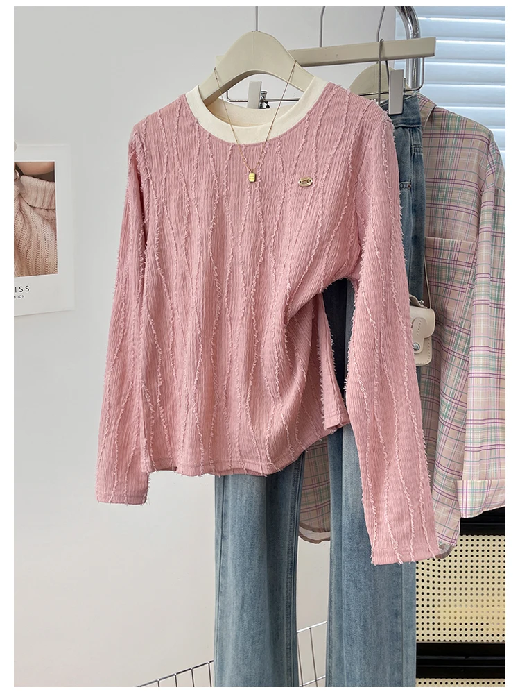 Color Block Long Sleeve round Neck T-Shirt Women's Casual Versatile Fashionable Breathable Shoulder Level Top Artistic Style