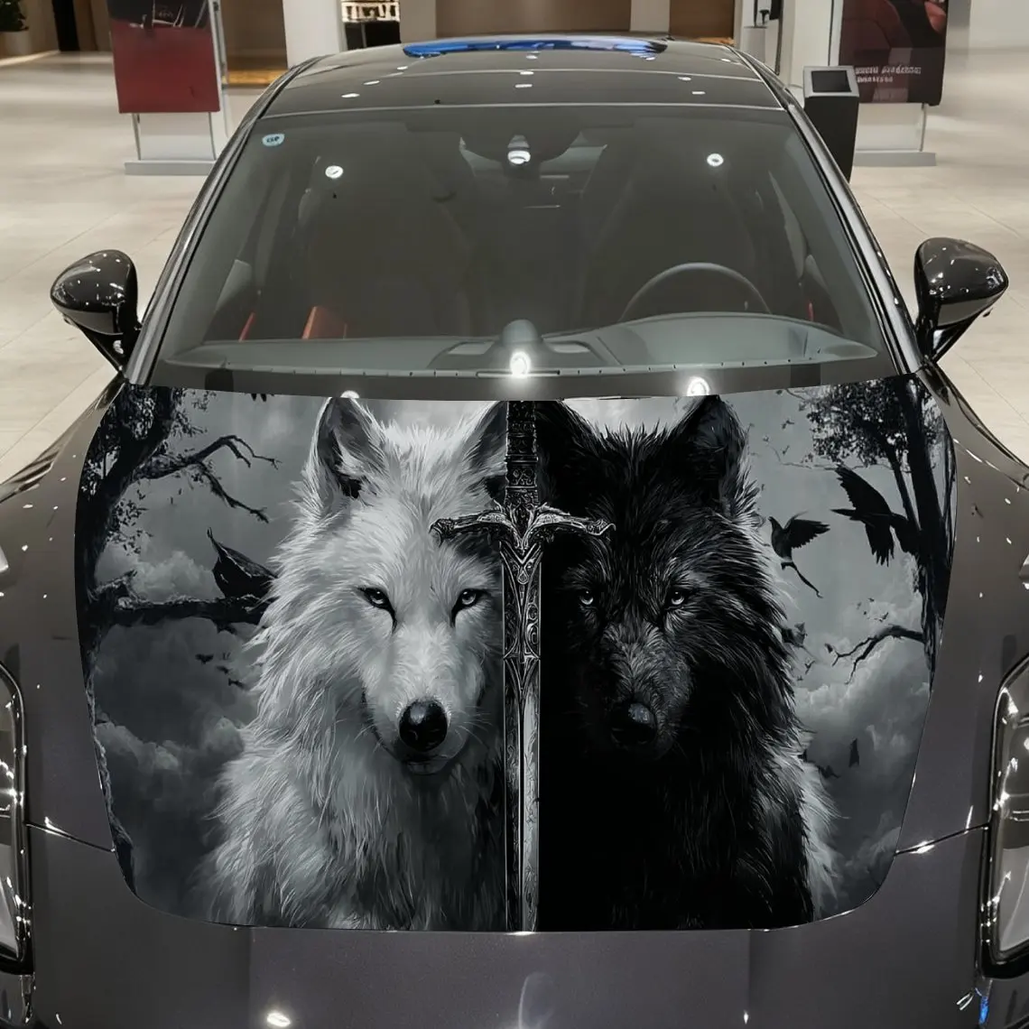 

Yin-Yang Wolf Blade Car Vinyl Wrap, PVC Material Waterproof Car Hood Sticker, Self-Adhesive Scratch-Resistant Stickers for Engin