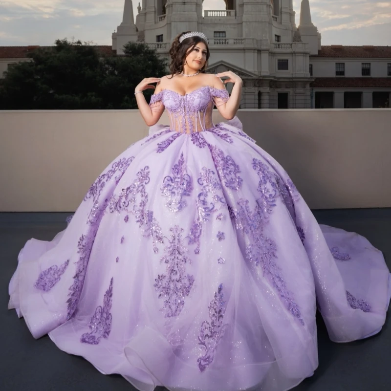 

Purple Shiny Ball Gown Quinceanera Dresses Sequin Applique Lace Beading Crystal Tull Corset Tull Off Shoulder Sweet 16 Dress