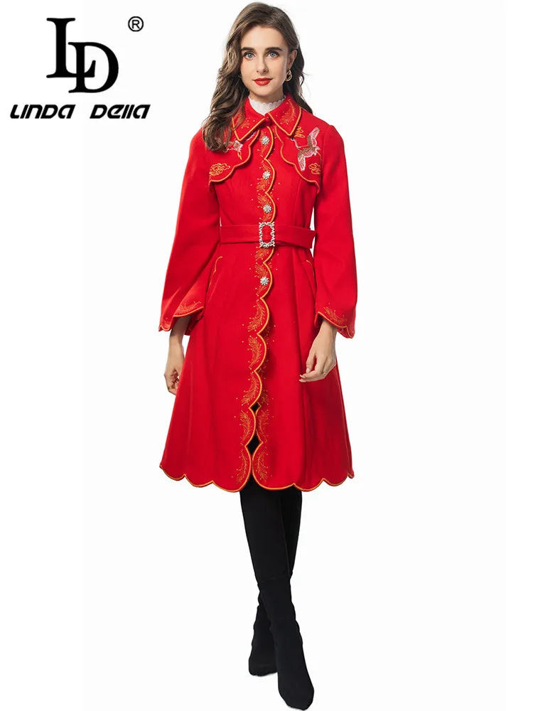 

LD LINDA DELLA Autumn and winter Vintage Designer Coat Women Turn-Down Collar Single-breasted Lace-Up Tunic Embroidery Long Coat