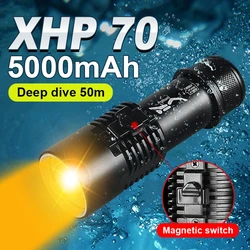 XHP70 LED High Power Diving LED Flashlight 5000mAh Recharge Scuba Lantern IPX8 Underwater 50M yellow Light Hunting Fishing Torch