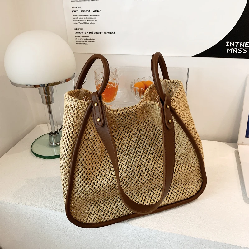 Summer Large Beach Bag Ladies Designer Tote Straw Woven Hollow Shoulder Out Soft Large Capacity Vacation Shopping Handbag Purse