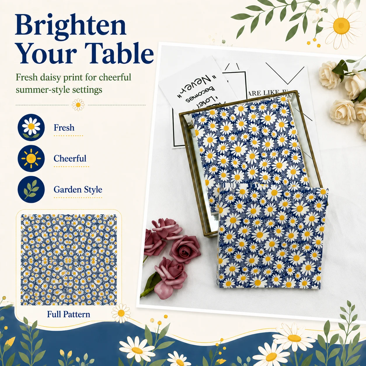 20pcs Daisy Floral Paper Napkins 2-Ply 33x33cm Blue White Printed Serviettes for Birthday Tea Party Table Decor