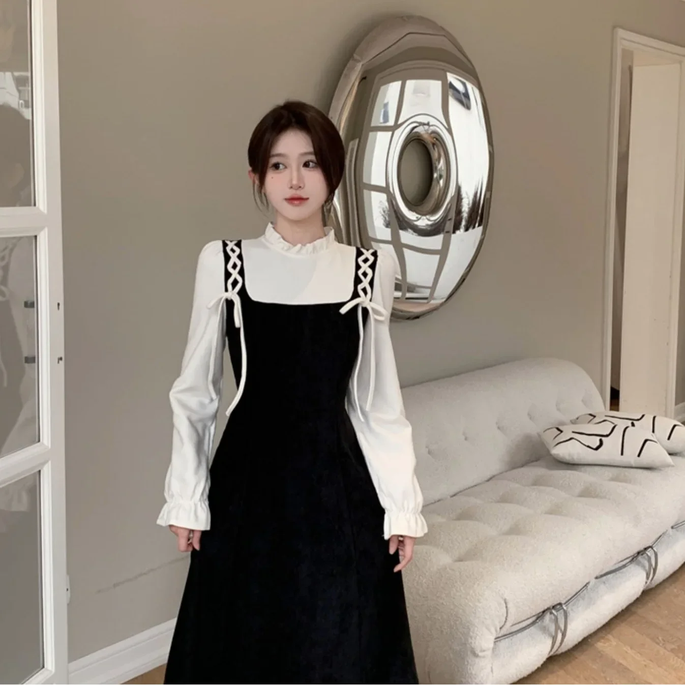 Losse midi-jurk met lange mouwen Nieuwjaar Student-stijl Dopamine Illusie Tweedelige jurk met strikknoop Polyestervezeljurk