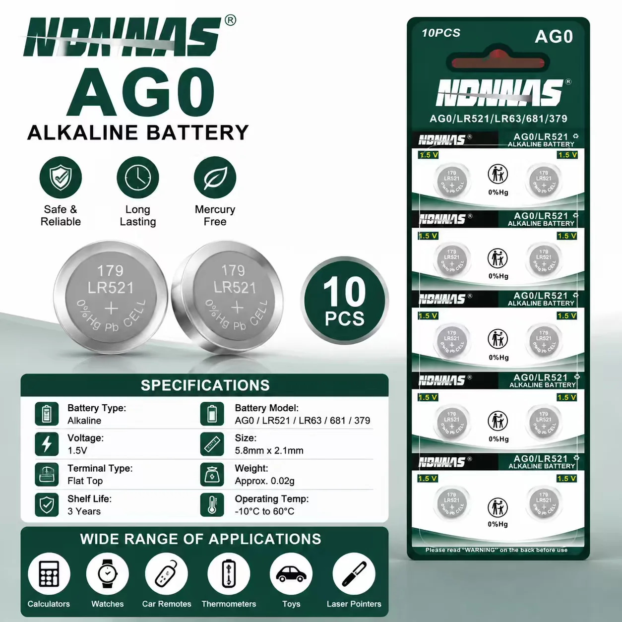 Paquete de 10 Pilas Alcalinas AG0 LR521 LR63 681 379 de 1.5V, Libres de Mercurio (0% Hg), de Larga Duración para Relojes, Calculadoras, Juguetes, Coches y Controles Remotos