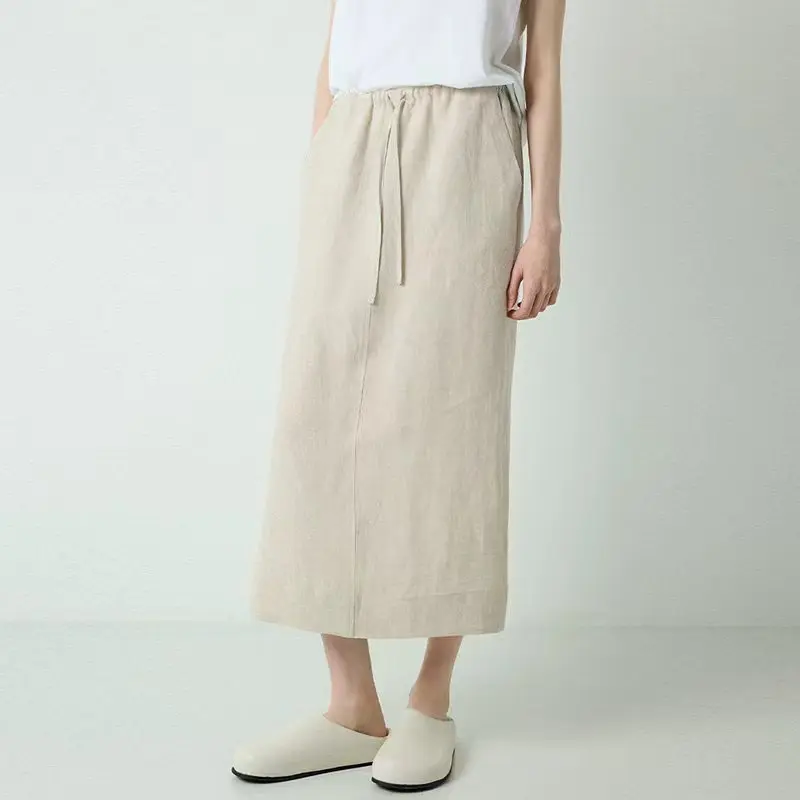 100% Linen Women's Drawstring Straight Skirt Spring/Summer New Arrival Elastic Waist Simple Casual Loose Woman Back Split Skirts