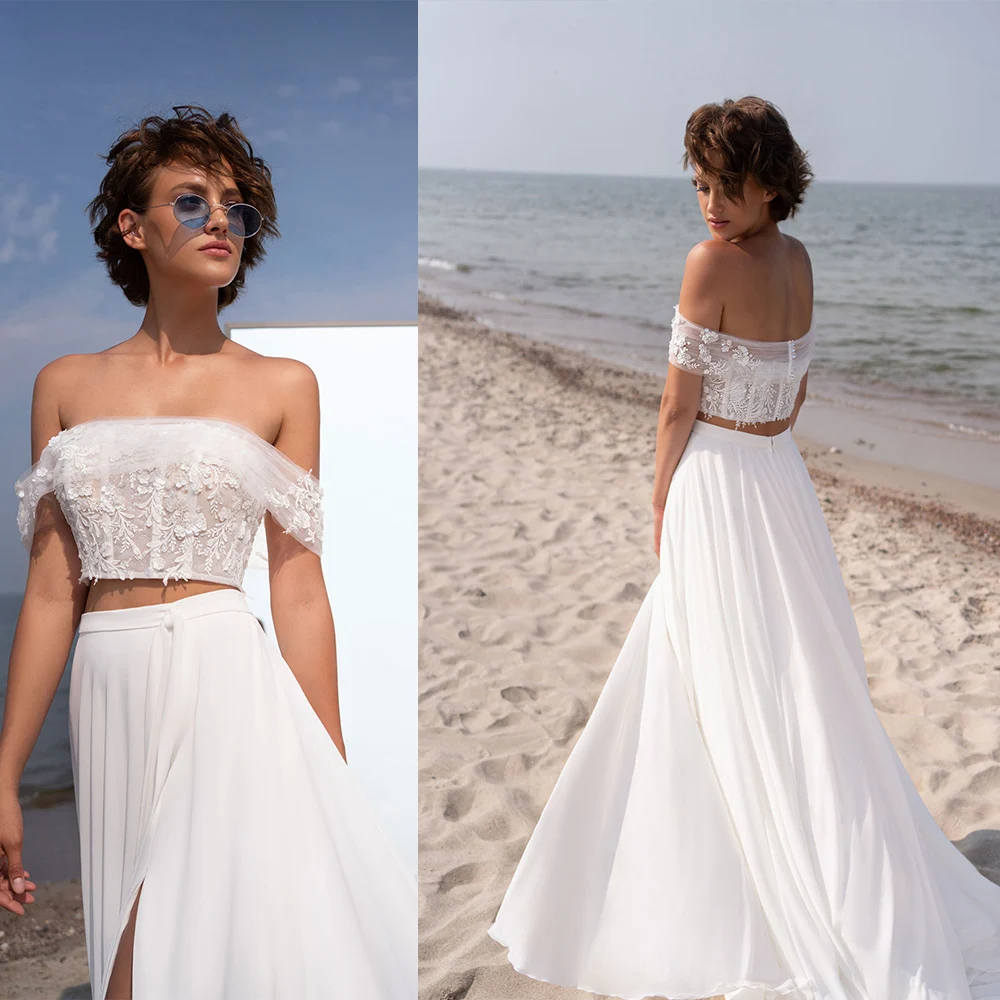 Vintage Wedding Dress Two Pieces Lace Appliques Off The Shoulder Tulle A Line Bridal Gown High Slitt Chiffon Dresses For Women