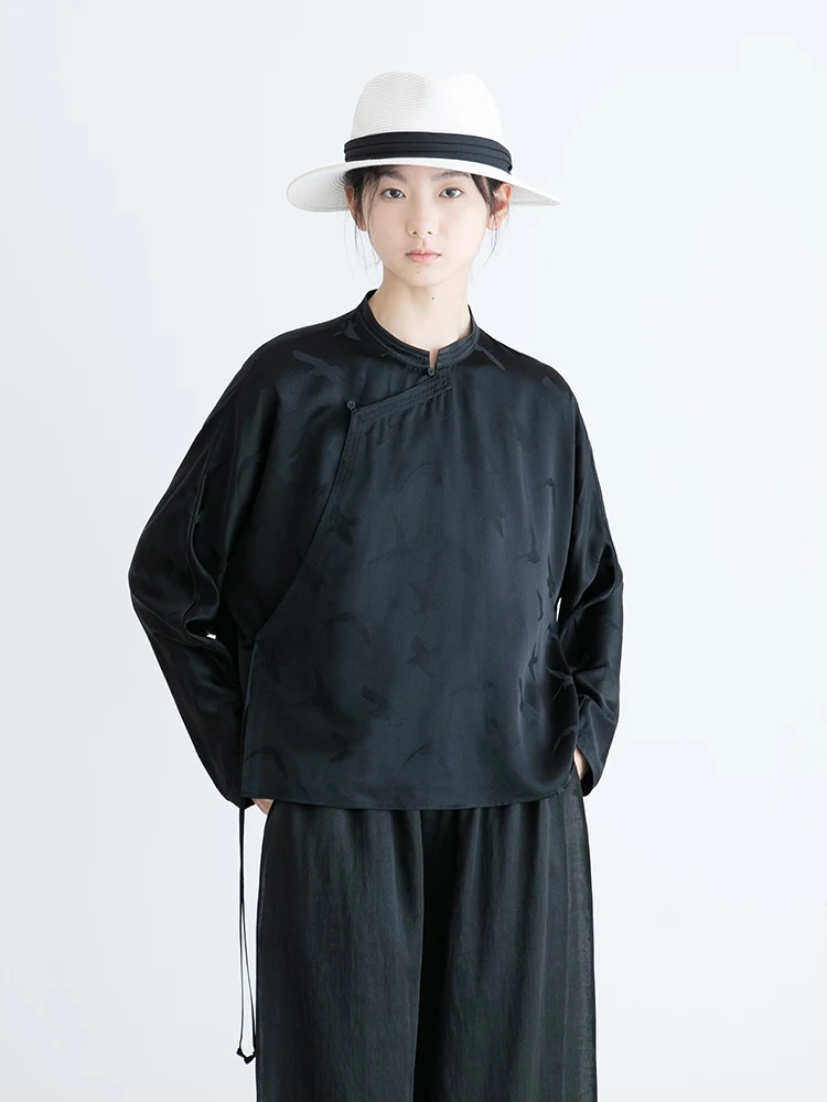 

Новая коллекция Le: 100% шелковый жакет с длинными рукавами, ярко-черный, с вышивкой птиц, асимметричным подолом, для повседневной носки, весенний стиль