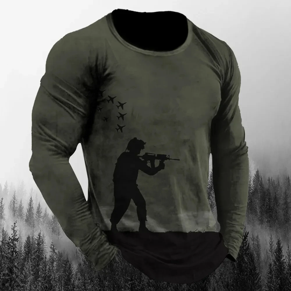 Camiseta de manga comprida masculina com gola redonda, tops grandes, roupas com estampa militar, rua alta casual, estampada vintage, verão