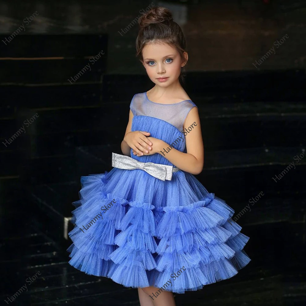 

Lovely Blue Flower Girl Dress Scoop Neck Sleeveless Ruffles Tulle Puff Birthday Party Gown Holy First Communion Dresses