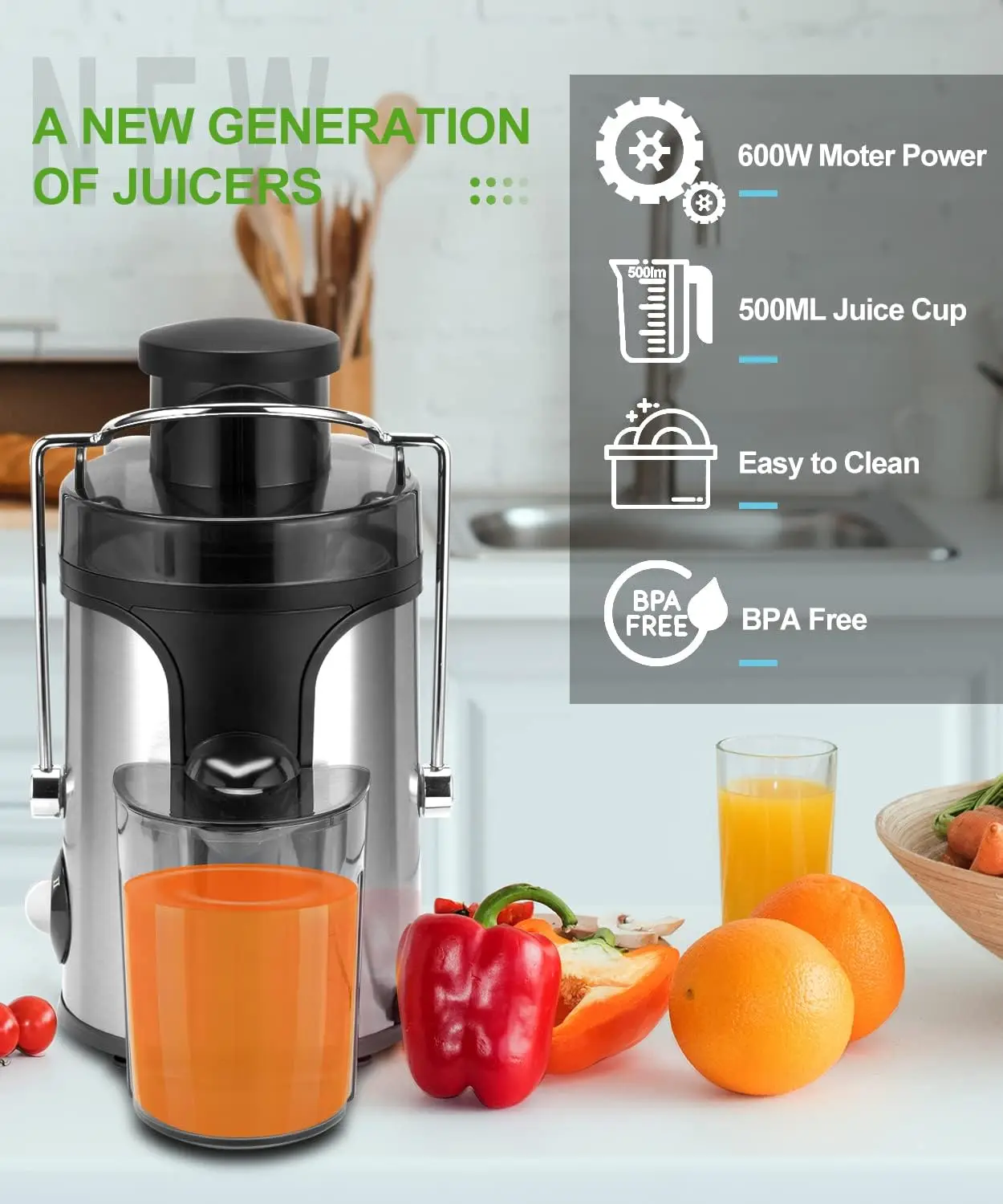 Haoyunma Juicer Machine 600W Juicer Met 3 Inch Brede Mond 2 Snelheidsinstelling, Centrifugale Juicer Voor Fruit