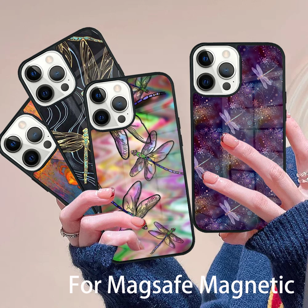 

Dragonfly Insect Pattern Phone Case Magesafe Magnetic Wireless Charge Cover For IPhone 16 11 12 13 14 15 Pro Max Plus Mini