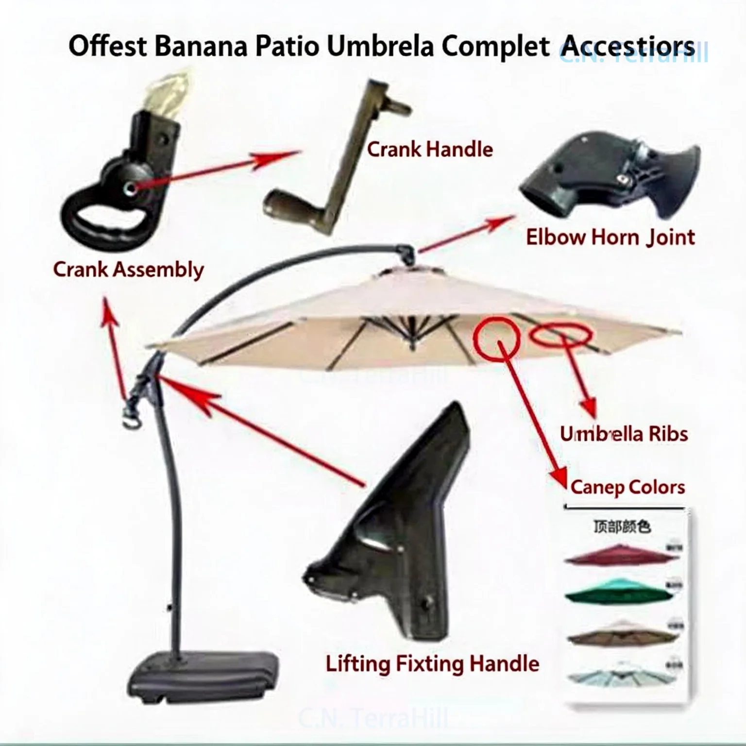 Outdoor Patio Umbrella with Crank Handle, Tilt & Fixed Handle, Mediterranean Banana Beach Umbrella Replacement Parts Kit