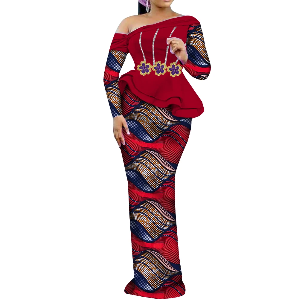 2 Pcs Sets Tops and Skirt Sets for Women Long Sleeve Women Skirt Set Dashiki Bazin Riche Party African Women Clothing wy9906