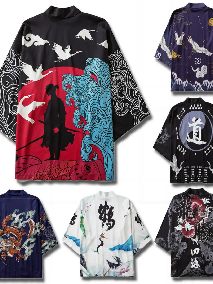 

Loose Men's Summer Kimono Sle Dragon Totem Print Seven Quarter Sve Robe Casual Ethnic Faion Youth Clothing