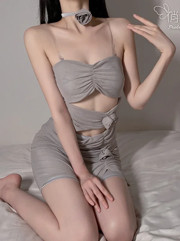 Tank Flower Mini 3D Dress Gray Lingerie Sexy Wrapped Chest Slim Mesh Nightwear Uniform Autumn Dress Elegant Fashion Sweet RL4H