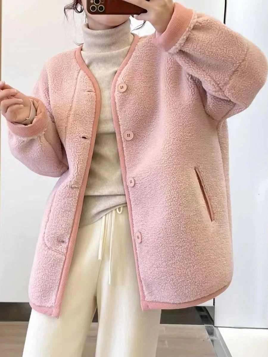 Cappotto di lana di agnello finto moda donna autunno inverno manica lunga giacca corta donna coreano Casual allentato monopetto capispalla