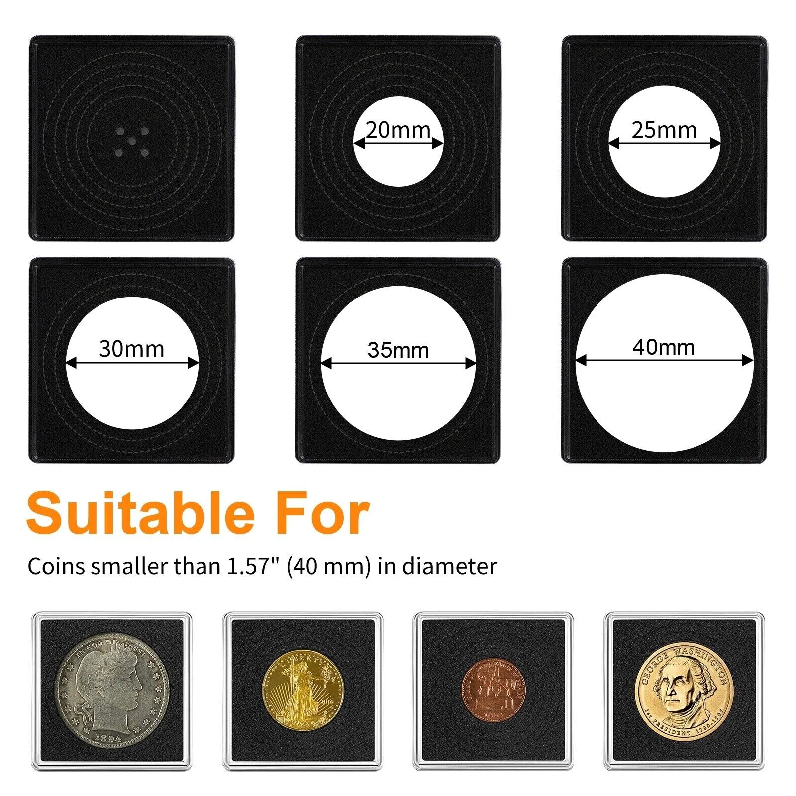 Imagem -06 - Caixa de Armazenamento para Cápsulas de Moedas 40 mm Porta-moedas com Junta de Esponja Ajustável Caixa de Coleta 40 Pcs