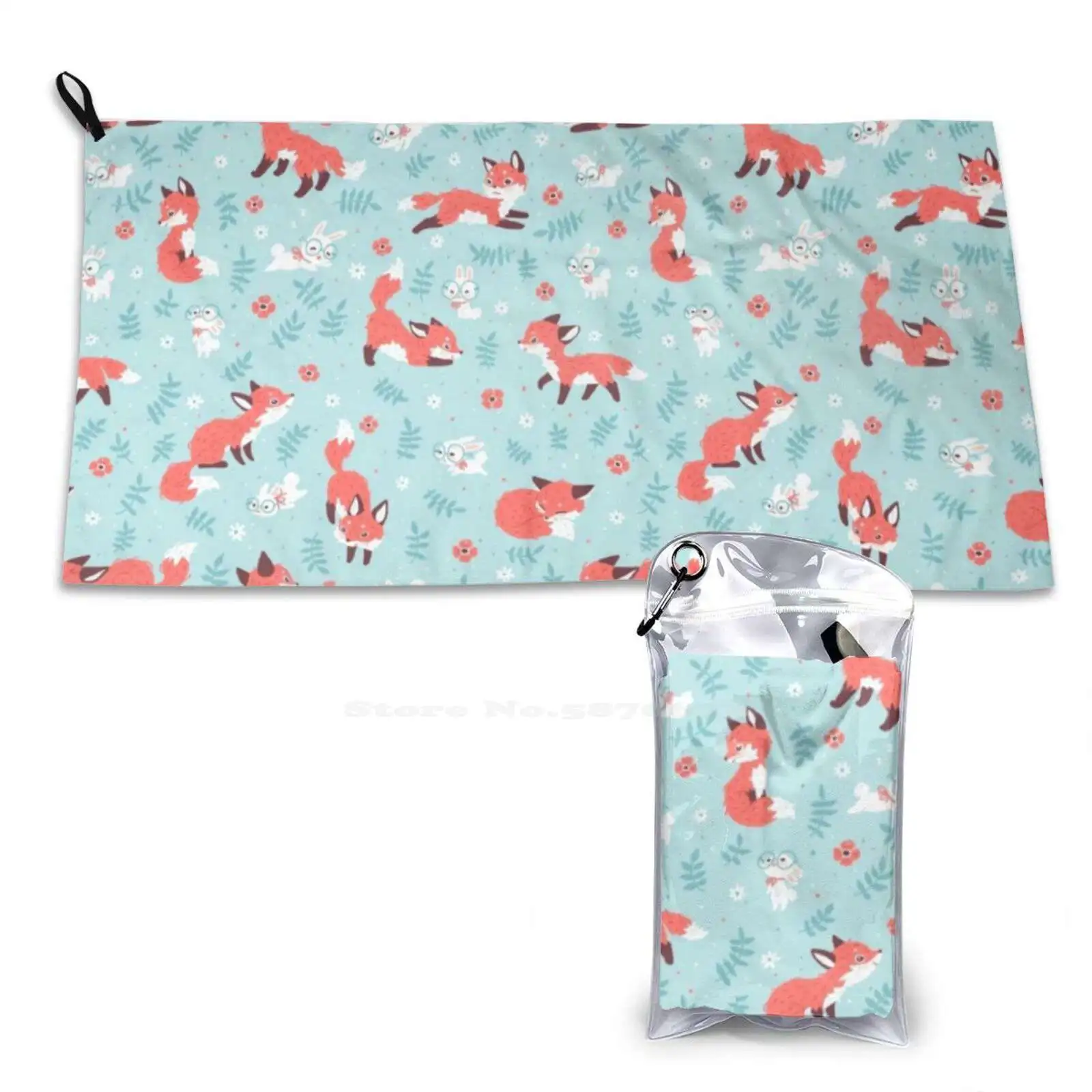 Fox And Bunny Pattern Soft Towel Quick Dry Beach Towel Fox Bunny Rabbit Cute Funny Leaf Flower Hunt Fantasy Animal Children