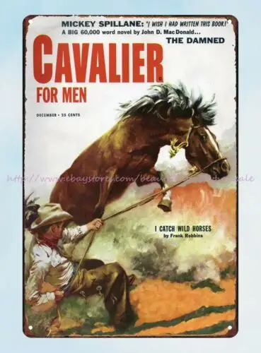 Cavalier for Men 1953 magazine cover cowboy catch wild horse metal tin sign