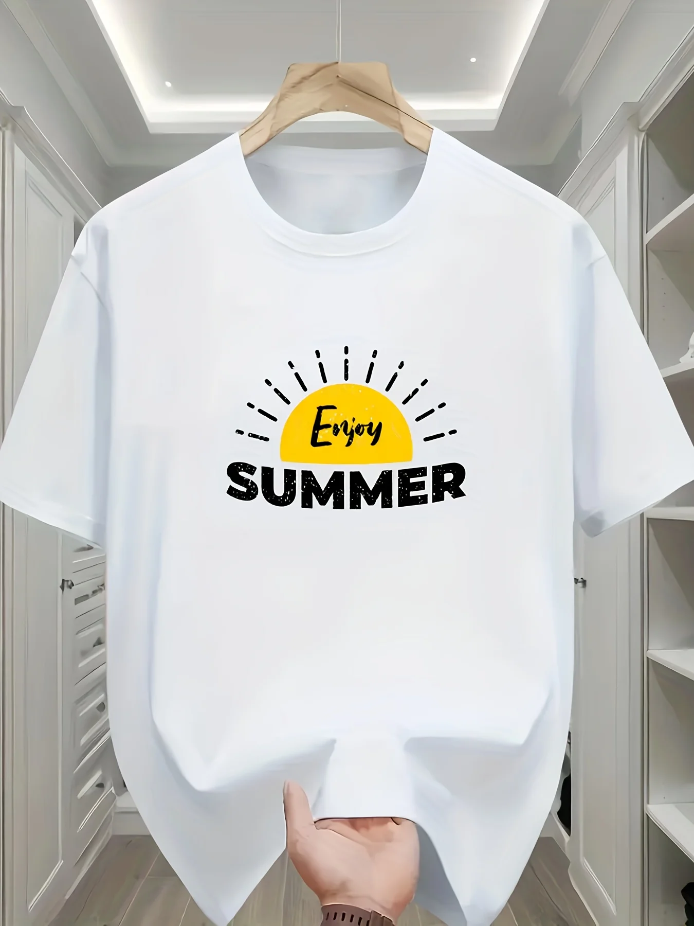 A Round-Neck Short-Sleeve T-Shirt Featuring a Yellow Sun Design Along with The Phrase 