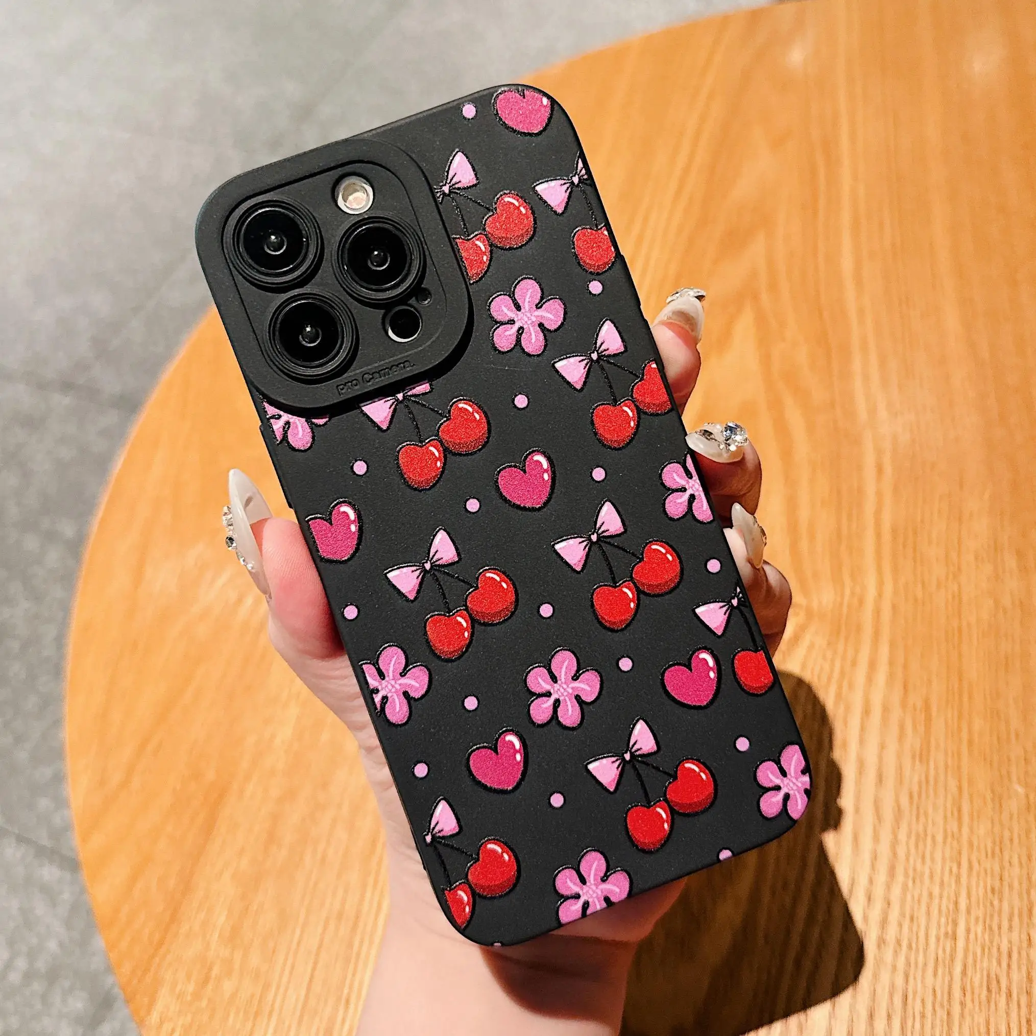 Cute Cherry & Bowknot Pattern Phone Case Total Protective Shockproof Phone Cover for IPhone 16 Pro Max 15 Pro 14Plus 13 12 11