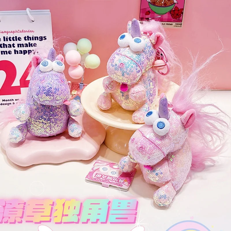 Shiny Unicorn Keychain Plush toys Soft Stuffed Toy Cartoon Unicorn Doll Animal Horse Toys Small Key Ring Pendant Toys Girls Gift