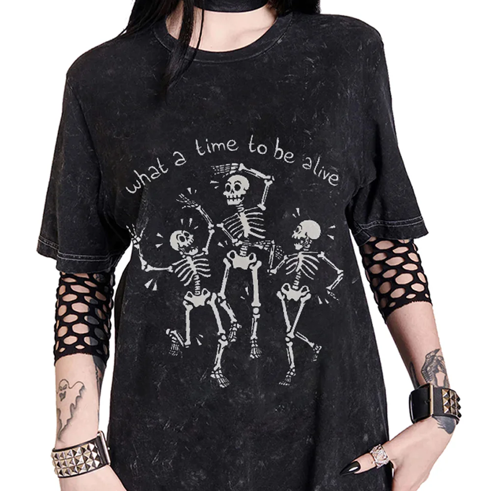 

Skull Print Men's Sleeve T-shirt Vintage Loose T-shirts Women Casual Oversized T Shirt O Neck Retro Harajuku Tops Tees New