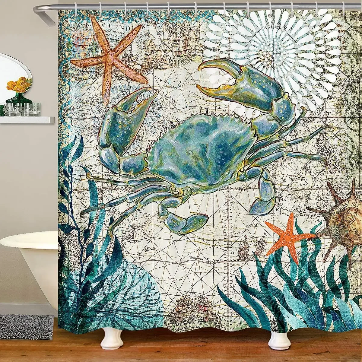 Crabs Shower Curtains Nautical Ocean Animal Curtain for Kids Boy Girl Watercolor Marine Life Coastal Bathroom Shower Curtain