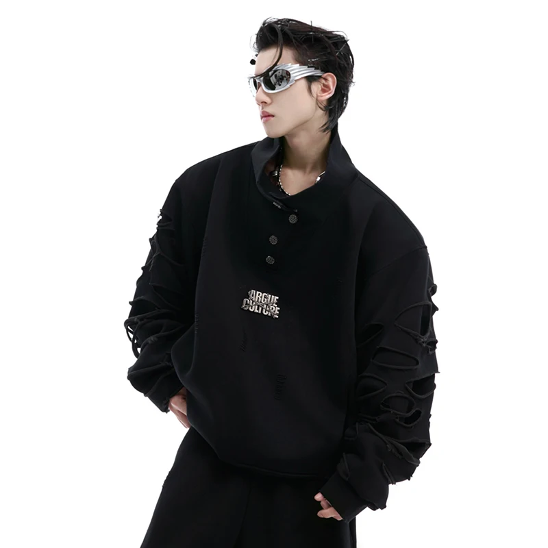 LUZHEN Sweatshirt Set Broken Hole Splicing High Collar Buckle Decorate Shoulder Pad Pullovers Coat Street Sport Men Pants LZ5827