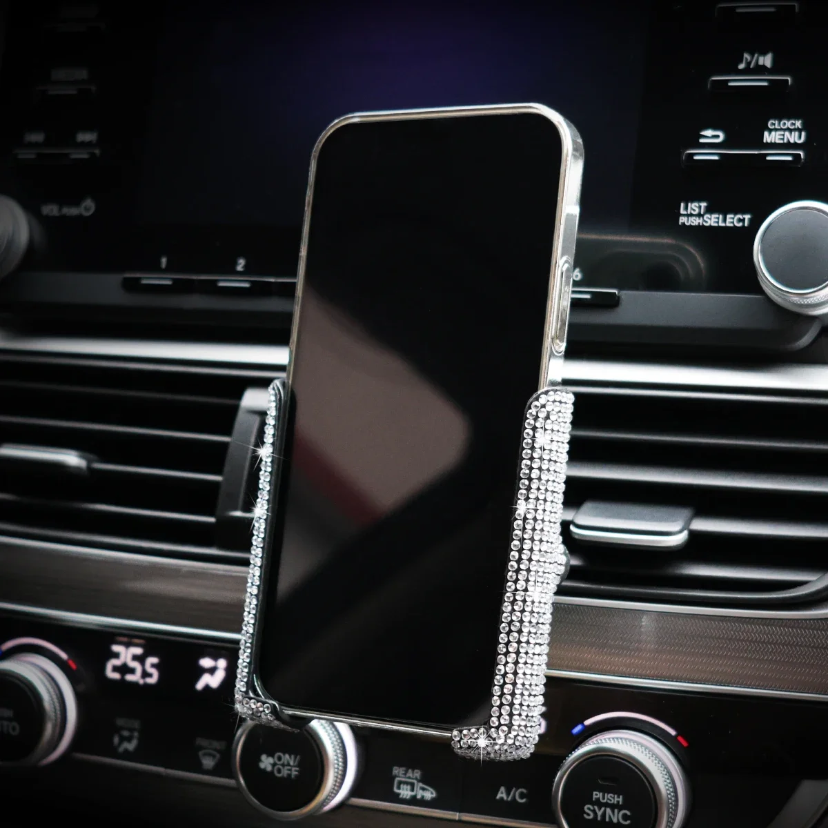 1pc New Sparkling imitation diamond Car Phone Holder Stylish & Cute Dual-Function Air Vent Mount 360° Rotating Car Stand for Wom image 2