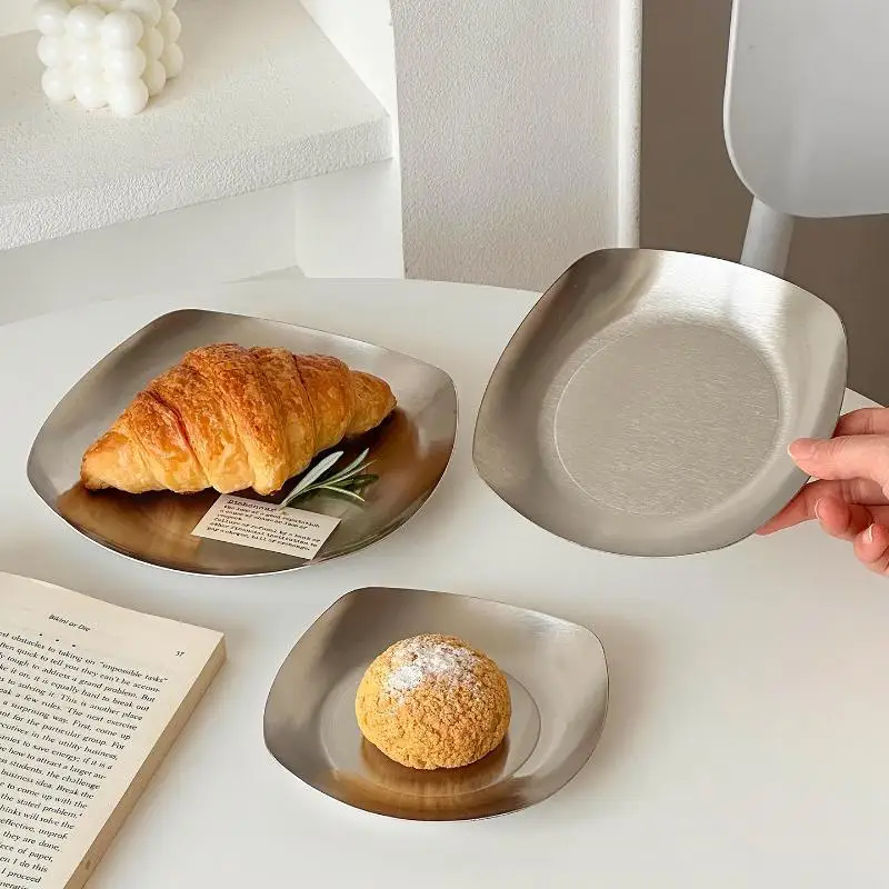 Retro Stainless Steel Cake Tray Square Luxury Dessert Plate Photo Props Minimalist Serving Tray Home Decoration