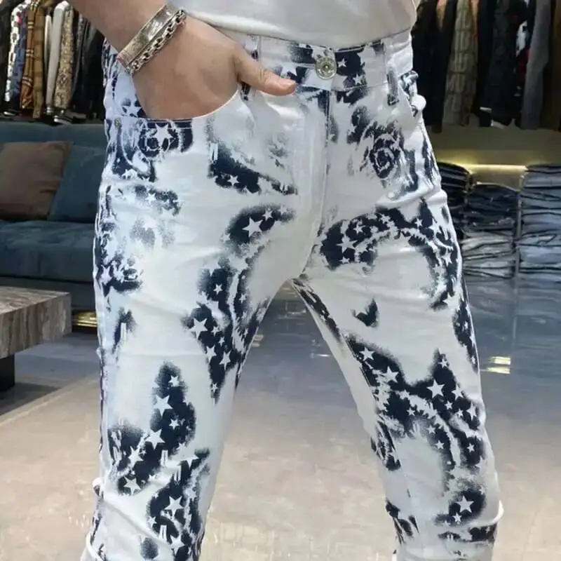 

Джинсы мужские облегающие, уличные эластичные штаны с персонализированным принтом, брюки из денима в стиле панк, длинные штаны в стиле хип-хоп