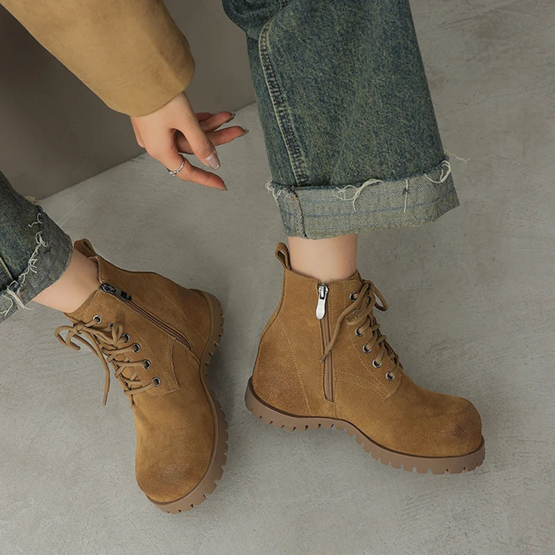 

Women Genuine Leather Suede Lace-Up Platform Ankle Boots Trendy Chunky Height Increasing Short Boots