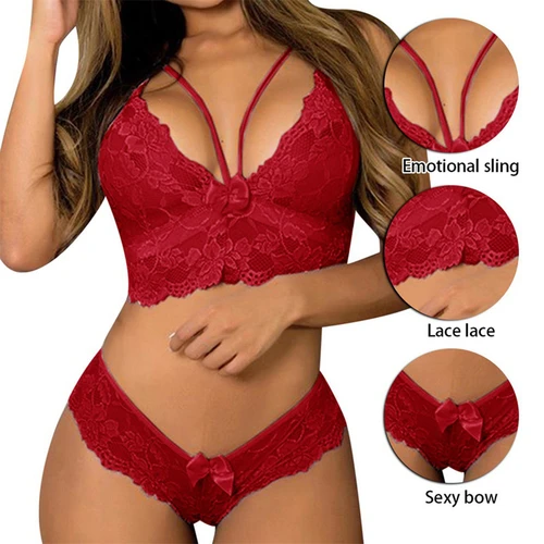 Imagen 2 del producto Lenceria Babydoll-Conjunto de ropa interior Sexy para mujer, sujetador de encaje con estampado de flores transparentes, bragas, traje, conjuntos de fiesta para mujer