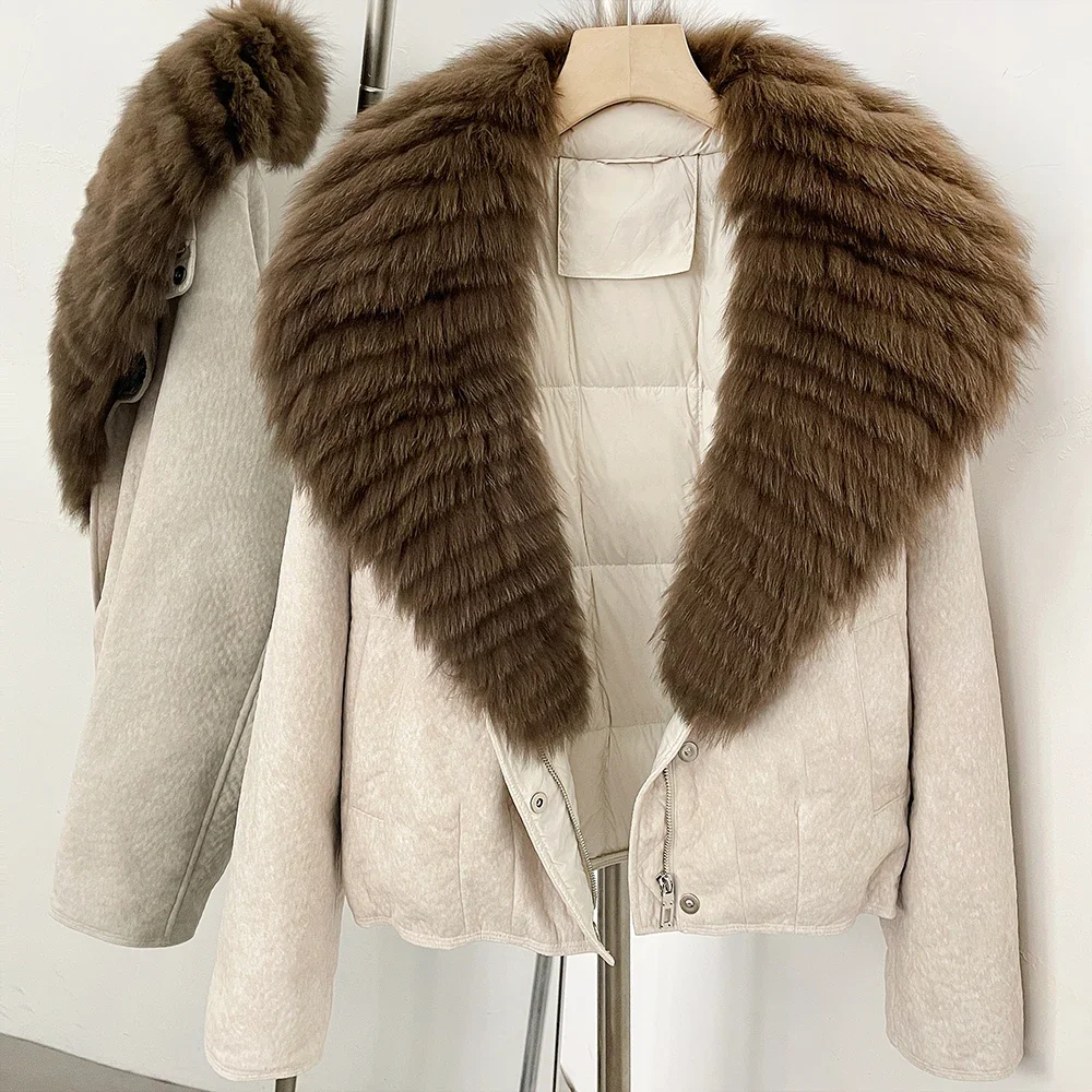 OFTBUY Dicke Daunenjacke mit Echtem Fell-Reißverschluss, Elegante Gesteppte Oberbekleidung, Gestreifter Fuchspelzkragen, Warmer Wintermantel für Damen – Detail 19