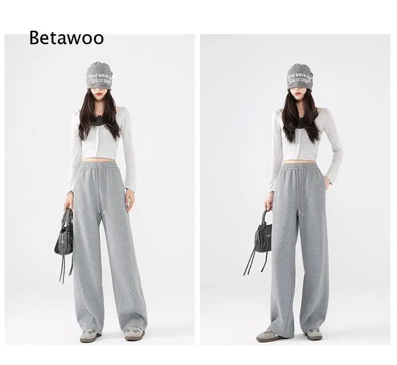 American Style High Waist Wide Leg Sweatpants for Women Straight Cut Loose Fit Casual Curved Trousers Suitable for Autumn Winte