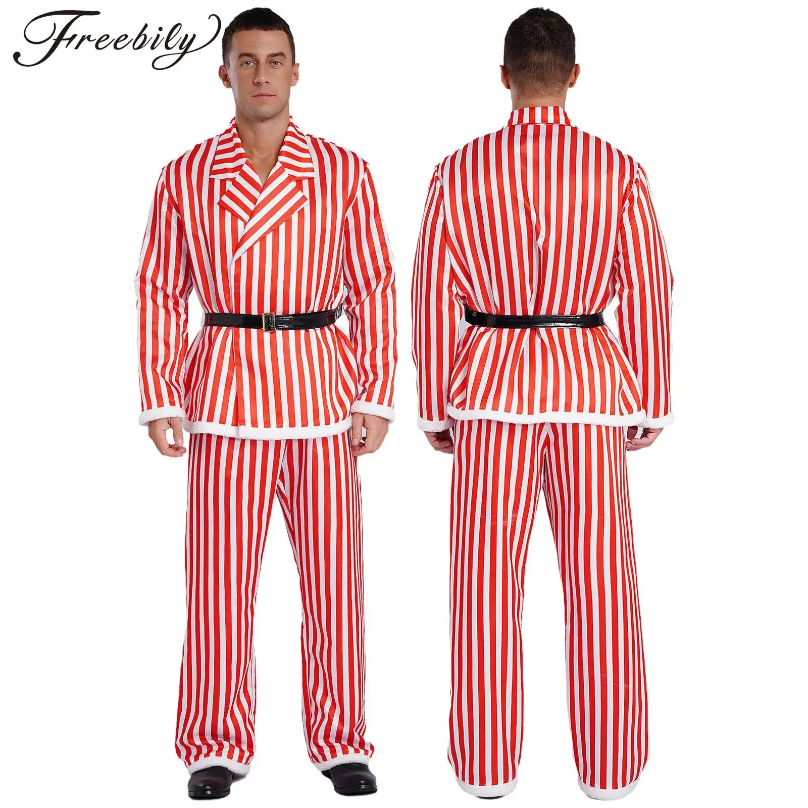 Men Christmas Santa Claus Cosplay Costume Long Sleeve Lapel Striped Blazer Top with Pants Belt for Xmas New Year Party Carnival