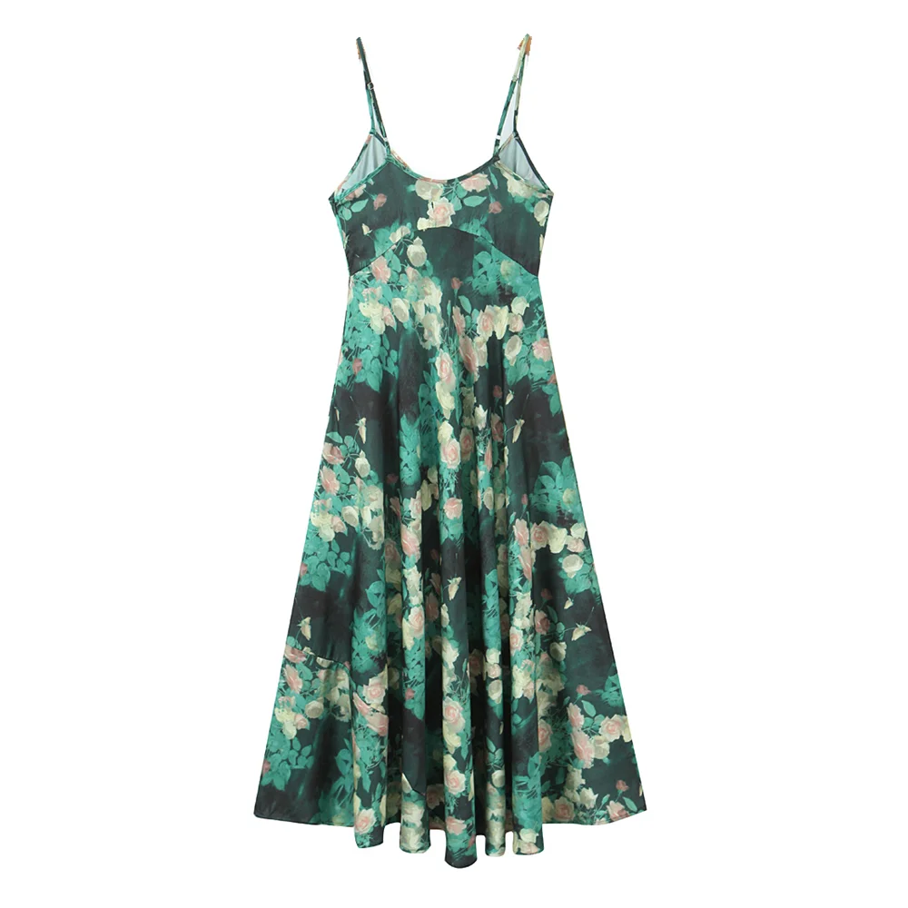 여름 여성 프랑스 스타일 레트로 짙은 녹색 장미 꽃 프린트 슬링 드레스 휴일 A라인 스윙 드레스 여성 의류