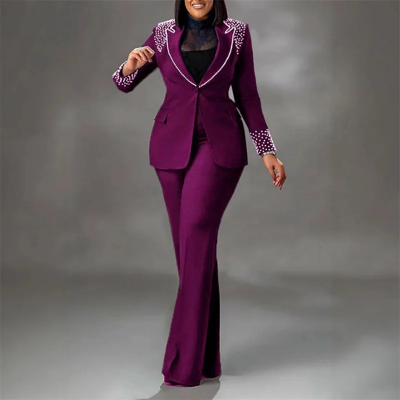 Luxury Elegant Formal Two Piece Set for Women Matching Sets Office Lady Club Business Pearls Blazer Coat and Wide Leg Pant Suits