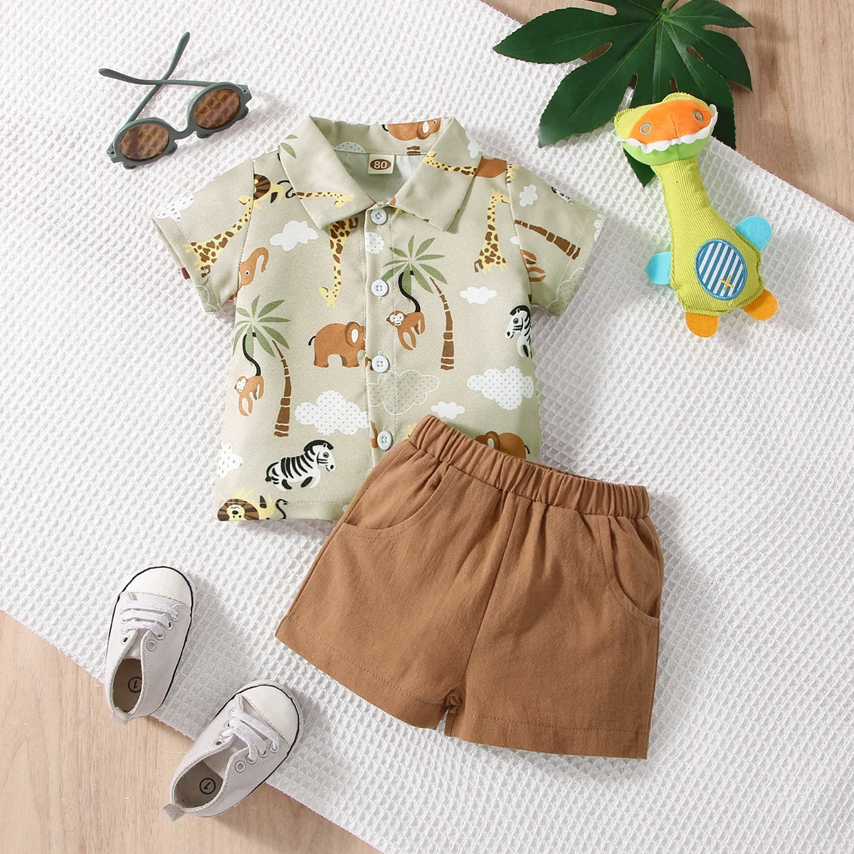 Cartoon animal print short sleeved lapel shirt+khaki shorts baby boy set