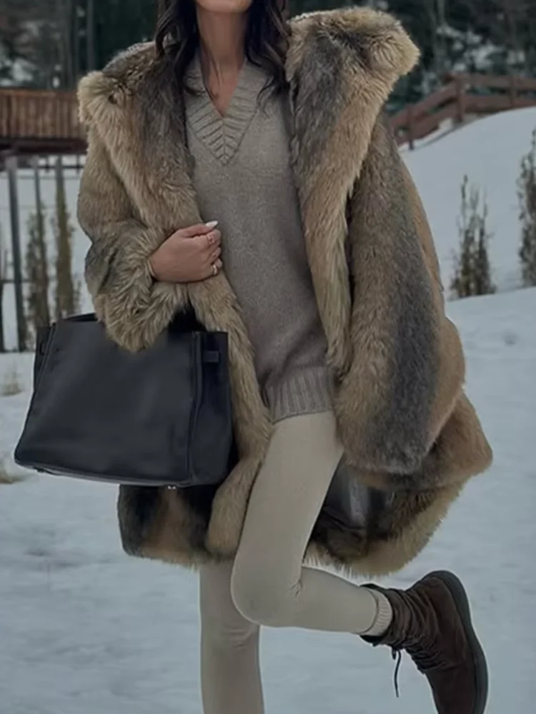 

Brown Hooded Fake Fur Coat Women Laxury Full Sleeve Cardigan Loose Short Overcoat Casual 2025 New Daily Street Commute Outerwear