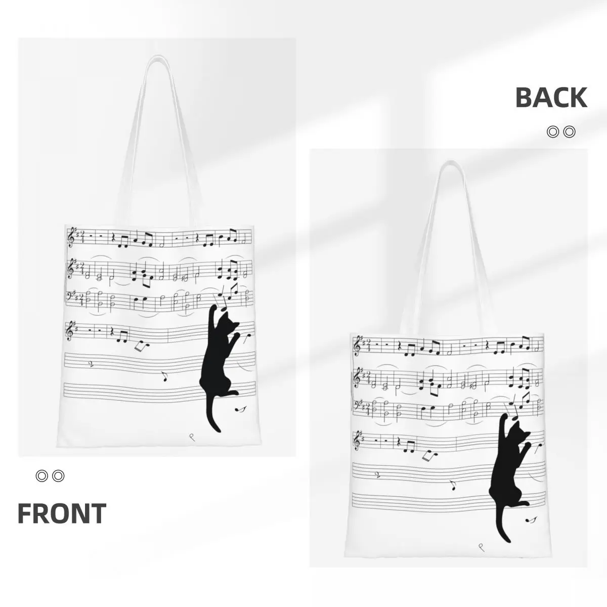 Mischief Musical Symbols Cats Canvas Tote Bag Reusable Large Capacity Fashion Bags for Women Men