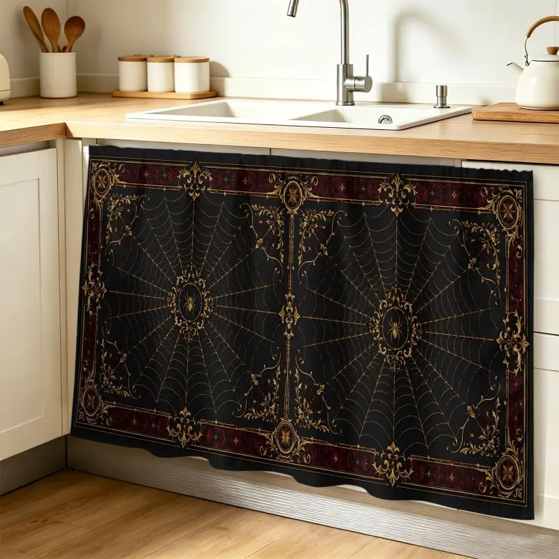 VIKAMA Gothic Golden Spider Web Under Sink Skirt Hook and Loop No Drill Cabinet Curtain Vintage Dark Kitchen Home Decor Cover
