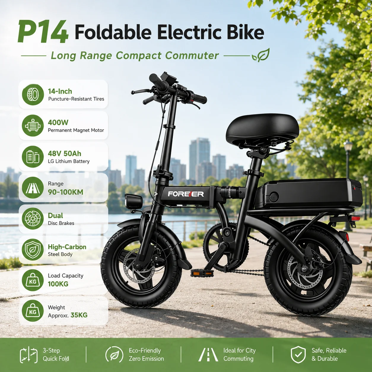 P14 E-Bike Compact Urban Electric Bike with Folding Design 400W Permanent Magnet Motor 48V 50Ah Battery and 90-100KM Range
