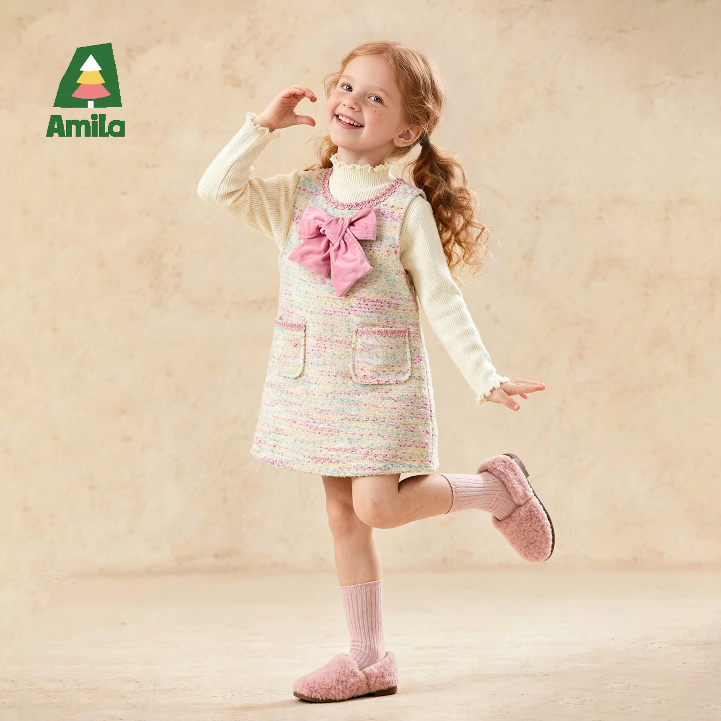 Amila Kids 2026 Girls' Winter Warm Sleeveless Dress With Velvet Bow And Double Pocket Design, Sweet And Fragrant Style