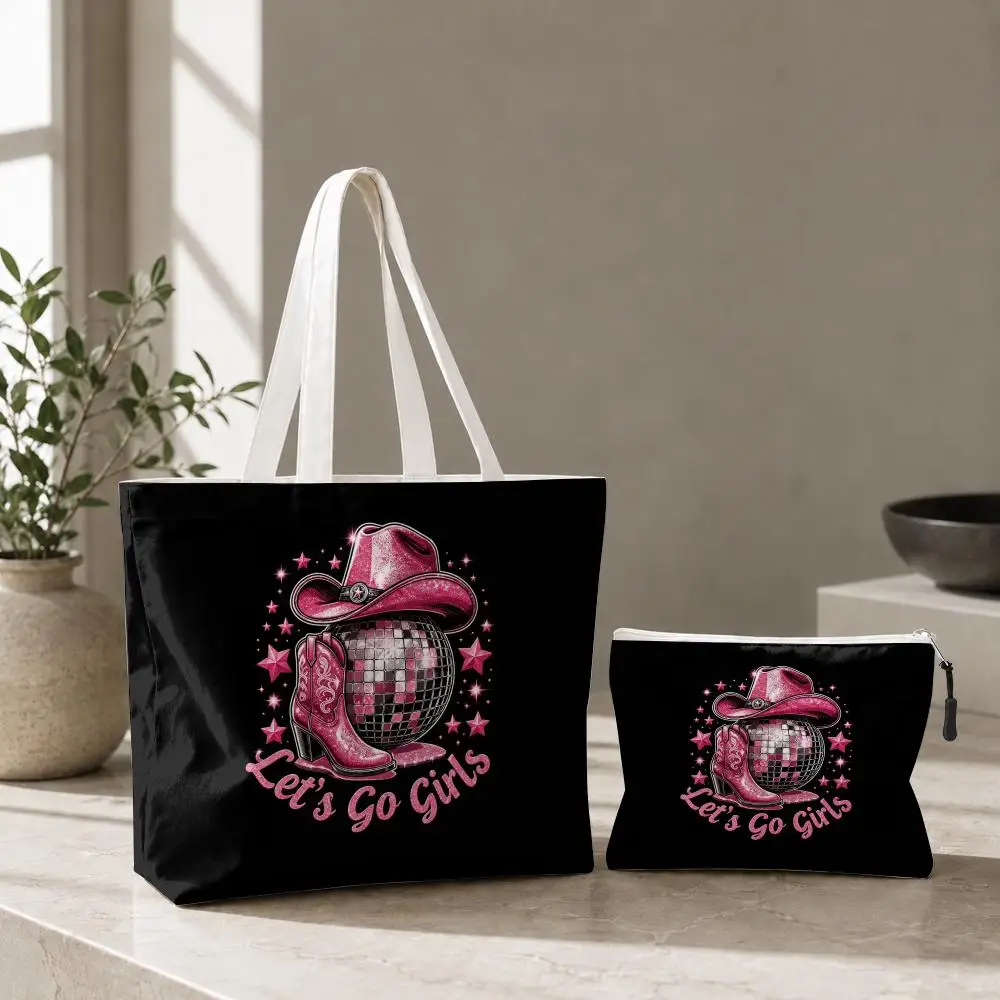 Pink Western Cowgirl Storage Bags 2-Pcs Canvas Tote Bag with Zipper Reusable Tote Bags for Shopping Travel Work Gifts